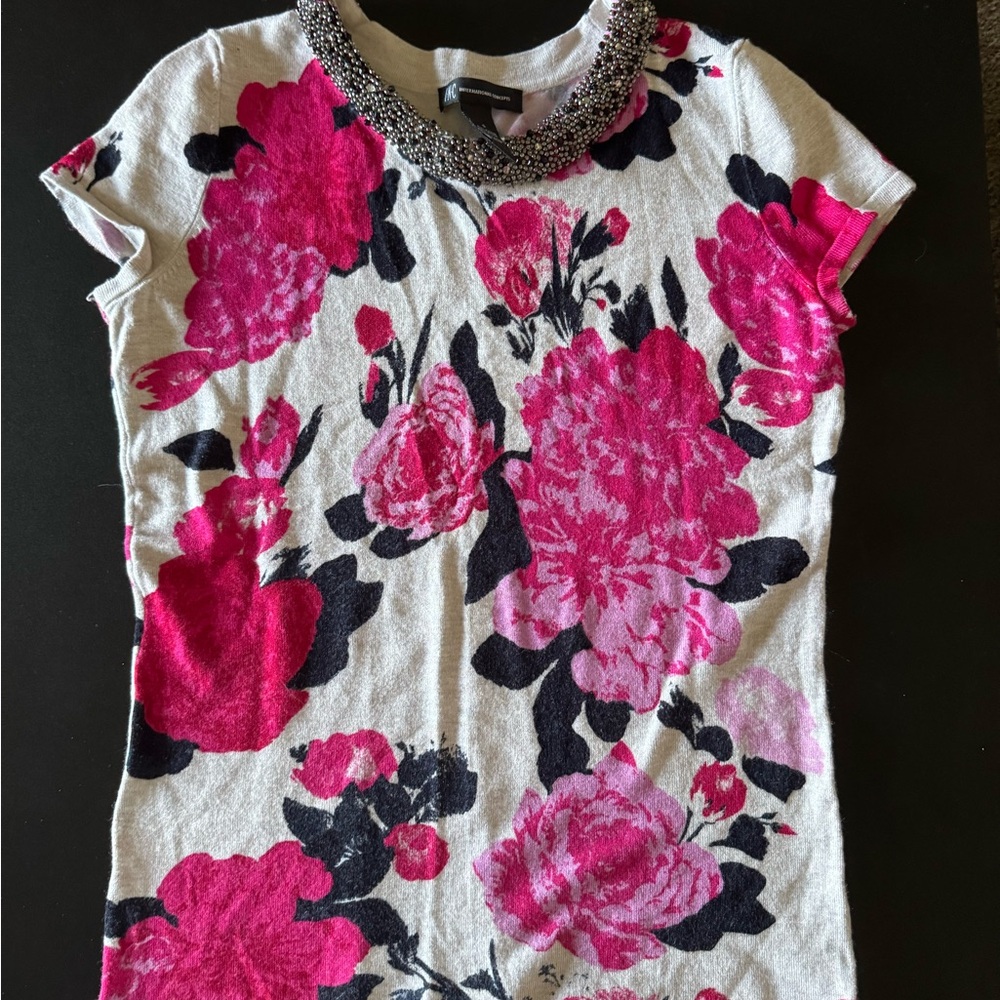 INC International Concepts Pink Floral Top with Beaded Detail